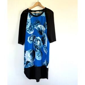DKNY City black sheer blue floral panel modern shift dress